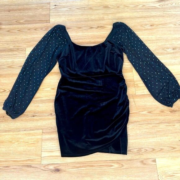 Crystal Doll Womens Faux Wrap Velvet Dress XL Black Sparkle Puff Arm Holiday Y2K - Picture 1 of 6